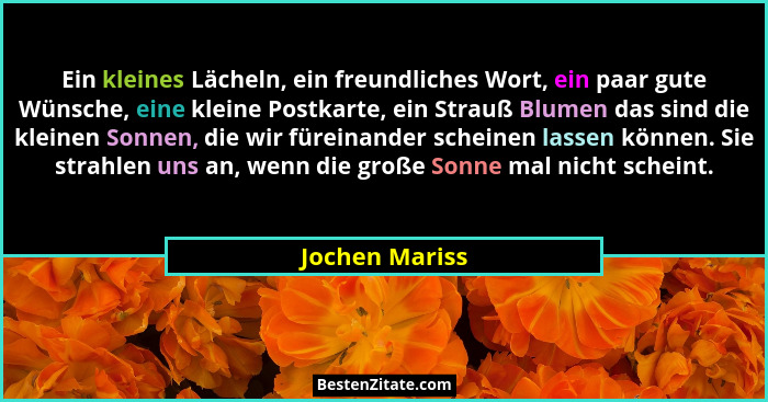 Ein kleines Lächeln, ein freundliches Wort, ein paar gute Wünsche, eine kleine Postkarte, ein Strauß Blumen das sind die kleinen Sonne... - Jochen Mariss