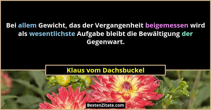 Bei allem Gewicht, das der Vergangenheit beigemessen wird als wesentlichste Aufgabe bleibt die Bewältigung der Gegenwart.... - Klaus vom Dachsbuckel