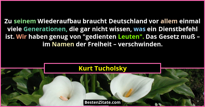 Zu seinem Wiederaufbau braucht Deutschland vor allem einmal viele Generationen, die gar nicht wissen, was ein Dienstbefehl ist. Wir h... - Kurt Tucholsky