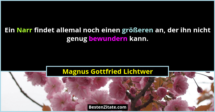 Ein Narr findet allemal noch einen größeren an, der ihn nicht genug bewundern kann.... - Magnus Gottfried Lichtwer