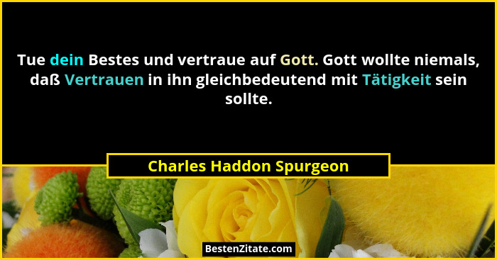 Tue dein Bestes und vertraue auf Gott. Gott wollte niemals, daß Vertrauen in ihn gleichbedeutend mit Tätigkeit sein sollte.... - Charles Haddon Spurgeon