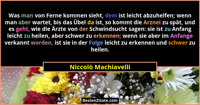 Was man von Ferne kommen sieht, dem ist leicht abzuhelfen; wenn man aber wartet, bis das Übel da ist, so kommt die Arznei zu spä... - Niccolò Machiavelli