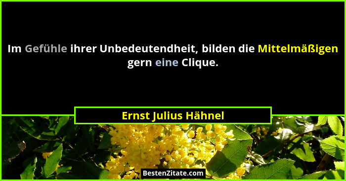 Im Gefühle ihrer Unbedeutendheit, bilden die Mittelmäßigen gern eine Clique.... - Ernst Julius Hähnel