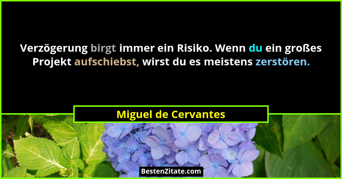 Verzögerung birgt immer ein Risiko. Wenn du ein großes Projekt aufschiebst, wirst du es meistens zerstören.... - Miguel de Cervantes