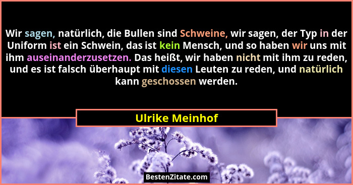 Wir sagen, natürlich, die Bullen sind Schweine, wir sagen, der Typ in der Uniform ist ein Schwein, das ist kein Mensch, und so haben... - Ulrike Meinhof