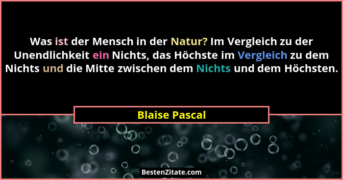 Was ist der Mensch in der Natur? Im Vergleich zu der Unendlichkeit ein Nichts, das Höchste im Vergleich zu dem Nichts und die Mitte zw... - Blaise Pascal