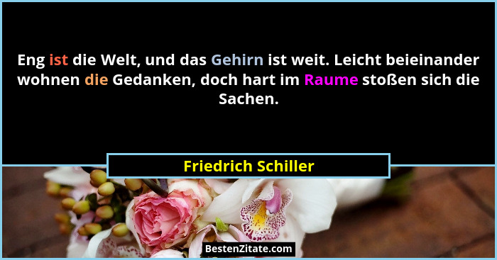 Eng ist die Welt, und das Gehirn ist weit. Leicht beieinander wohnen die Gedanken, doch hart im Raume stoßen sich die Sachen.... - Friedrich Schiller