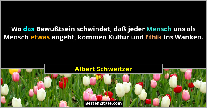 Wo das Bewußtsein schwindet, daß jeder Mensch uns als Mensch etwas angeht, kommen Kultur und Ethik ins Wanken.... - Albert Schweitzer