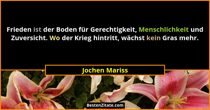 Frieden ist der Boden für Gerechtigkeit, Menschlichkeit und Zuversicht. Wo der Krieg hintritt, wächst kein Gras mehr.... - Jochen Mariss