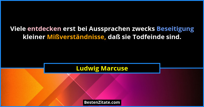 Viele entdecken erst bei Aussprachen zwecks Beseitigung kleiner Mißverständnisse, daß sie Todfeinde sind.... - Ludwig Marcuse