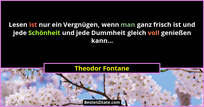 Lesen ist nur ein Vergnügen, wenn man ganz frisch ist und jede Schönheit und jede Dummheit gleich voll genießen kann...... - Theodor Fontane
