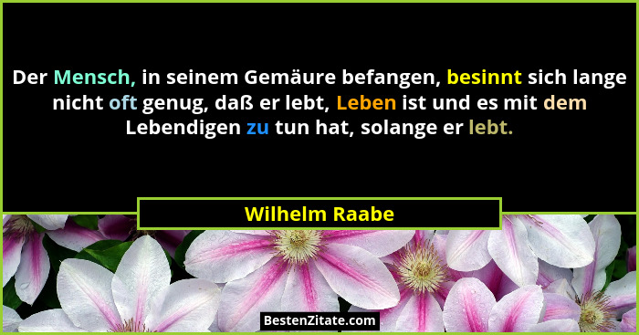 Der Mensch, in seinem Gemäure befangen, besinnt sich lange nicht oft genug, daß er lebt, Leben ist und es mit dem Lebendigen zu tun ha... - Wilhelm Raabe