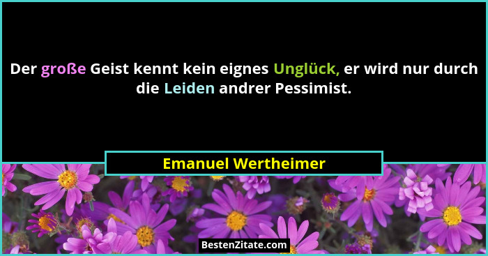 Der große Geist kennt kein eignes Unglück, er wird nur durch die Leiden andrer Pessimist.... - Emanuel Wertheimer