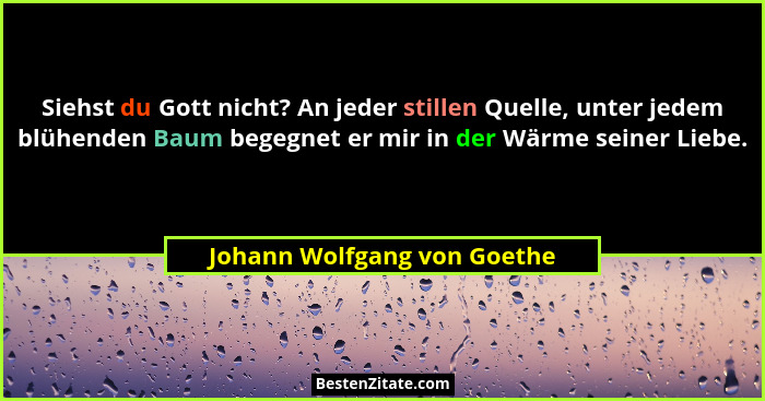 Siehst du Gott nicht? An jeder stillen Quelle, unter jedem blühenden Baum begegnet er mir in der Wärme seiner Liebe.... - Johann Wolfgang von Goethe