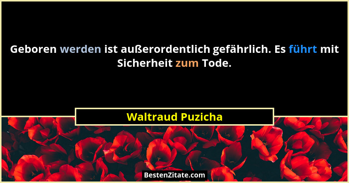 Geboren werden ist außerordentlich gefährlich. Es führt mit Sicherheit zum Tode.... - Waltraud Puzicha
