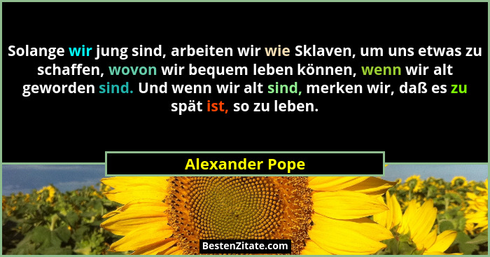 Solange wir jung sind, arbeiten wir wie Sklaven, um uns etwas zu schaffen, wovon wir bequem leben können, wenn wir alt geworden sind.... - Alexander Pope