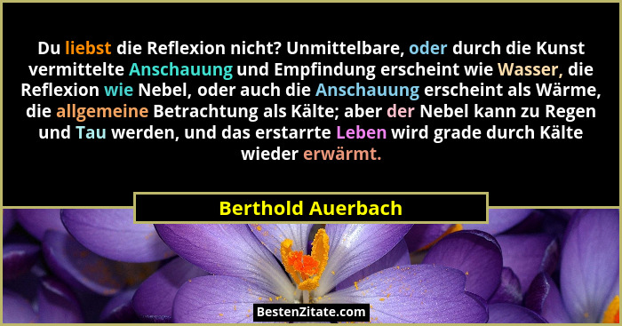 Du liebst die Reflexion nicht? Unmittelbare, oder durch die Kunst vermittelte Anschauung und Empfindung erscheint wie Wasser, die... - Berthold Auerbach