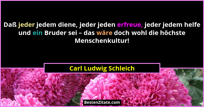 Daß jeder jedem diene, jeder jeden erfreue, jeder jedem helfe und ein Bruder sei – das wäre doch wohl die höchste Menschenkultu... - Carl Ludwig Schleich