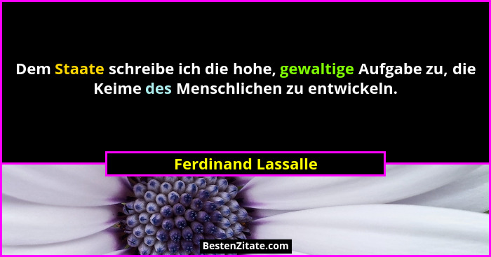 Dem Staate schreibe ich die hohe, gewaltige Aufgabe zu, die Keime des Menschlichen zu entwickeln.... - Ferdinand Lassalle
