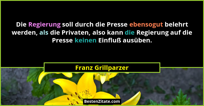 Die Regierung soll durch die Presse ebensogut belehrt werden, als die Privaten, also kann die Regierung auf die Presse keinen Einf... - Franz Grillparzer