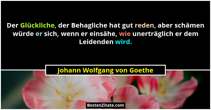 Der Glückliche, der Behagliche hat gut reden, aber schämen würde er sich, wenn er einsähe, wie unerträglich er dem Leiden... - Johann Wolfgang von Goethe