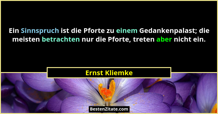 Ein Sinnspruch ist die Pforte zu einem Gedankenpalast; die meisten betrachten nur die Pforte, treten aber nicht ein.... - Ernst Kliemke