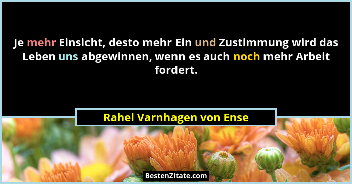 Je mehr Einsicht, desto mehr Ein und Zustimmung wird das Leben uns abgewinnen, wenn es auch noch mehr Arbeit fordert.... - Rahel Varnhagen von Ense