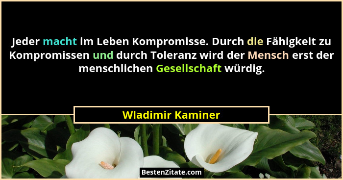 Jeder macht im Leben Kompromisse. Durch die Fähigkeit zu Kompromissen und durch Toleranz wird der Mensch erst der menschlichen Gese... - Wladimir Kaminer