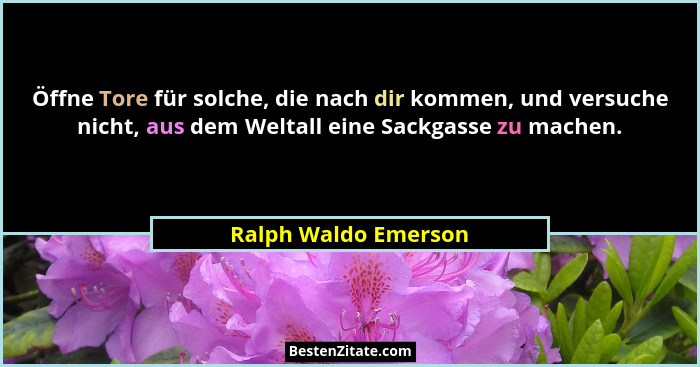 Öffne Tore für solche, die nach dir kommen, und versuche nicht, aus dem Weltall eine Sackgasse zu machen.... - Ralph Waldo Emerson