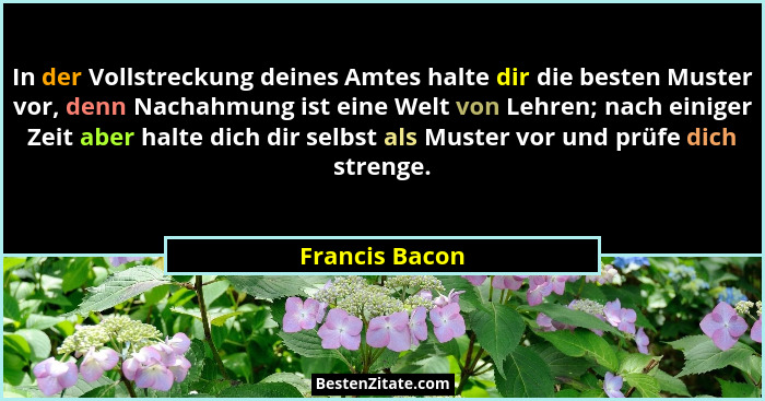 In der Vollstreckung deines Amtes halte dir die besten Muster vor, denn Nachahmung ist eine Welt von Lehren; nach einiger Zeit aber ha... - Francis Bacon