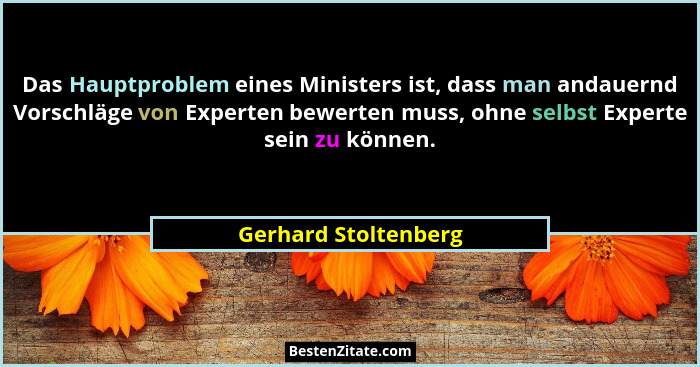 Das Hauptproblem eines Ministers ist, dass man andauernd Vorschläge von Experten bewerten muss, ohne selbst Experte sein zu könn... - Gerhard Stoltenberg