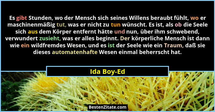 Es gibt Stunden, wo der Mensch sich seines Willens beraubt fühlt, wo er maschinenmäßig tut, was er nicht zu tun wünscht. Es ist, als ob d... - Ida Boy-Ed