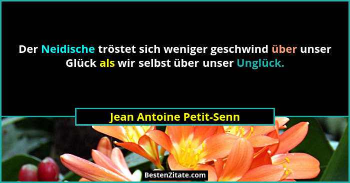 Der Neidische tröstet sich weniger geschwind über unser Glück als wir selbst über unser Unglück.... - Jean Antoine Petit-Senn