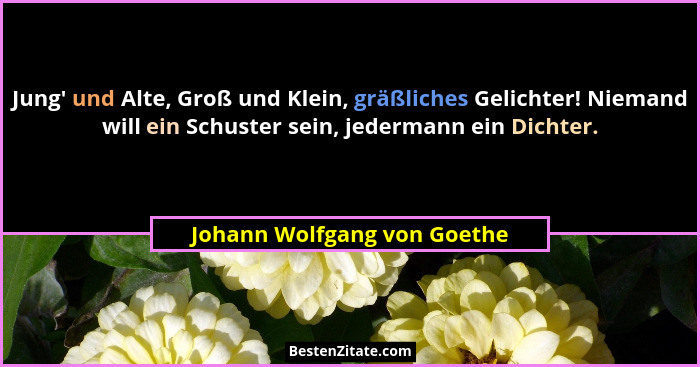 Jung' und Alte, Groß und Klein, gräßliches Gelichter! Niemand will ein Schuster sein, jedermann ein Dichter.... - Johann Wolfgang von Goethe