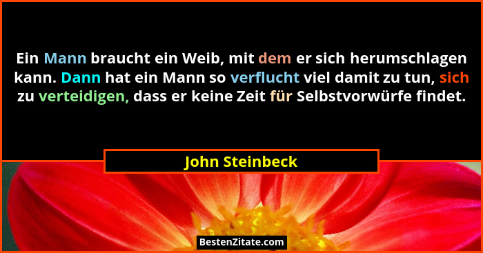 Ein Mann braucht ein Weib, mit dem er sich herumschlagen kann. Dann hat ein Mann so verflucht viel damit zu tun, sich zu verteidigen,... - John Steinbeck