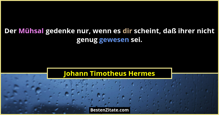 Der Mühsal gedenke nur, wenn es dir scheint, daß ihrer nicht genug gewesen sei.... - Johann Timotheus Hermes