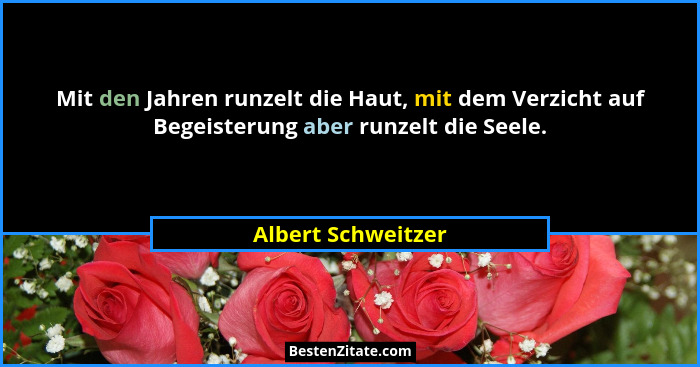 Mit den Jahren runzelt die Haut, mit dem Verzicht auf Begeisterung aber runzelt die Seele.... - Albert Schweitzer