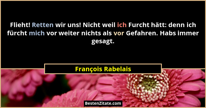 Flieht! Retten wir uns! Nicht weil ich Furcht hätt: denn ich fürcht mich vor weiter nichts als vor Gefahren. Habs immer gesagt.... - François Rabelais