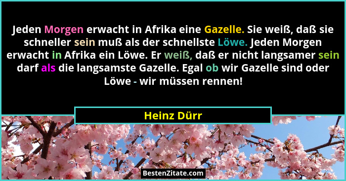 Jeden Morgen erwacht in Afrika eine Gazelle. Sie weiß, daß sie schneller sein muß als der schnellste Löwe. Jeden Morgen erwacht in Afrika... - Heinz Dürr