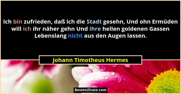 Ich bin zufrieden, daß ich die Stadt gesehn, Und ohn Ermüden will ich ihr näher gehn Und ihre hellen goldenen Gassen Lebensl... - Johann Timotheus Hermes