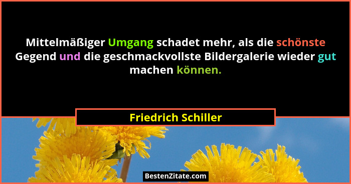 Mittelmäßiger Umgang schadet mehr, als die schönste Gegend und die geschmackvollste Bildergalerie wieder gut machen können.... - Friedrich Schiller