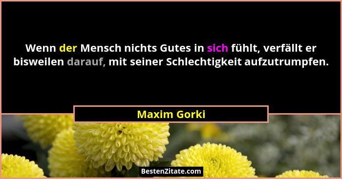 Wenn der Mensch nichts Gutes in sich fühlt, verfällt er bisweilen darauf, mit seiner Schlechtigkeit aufzutrumpfen.... - Maxim Gorki