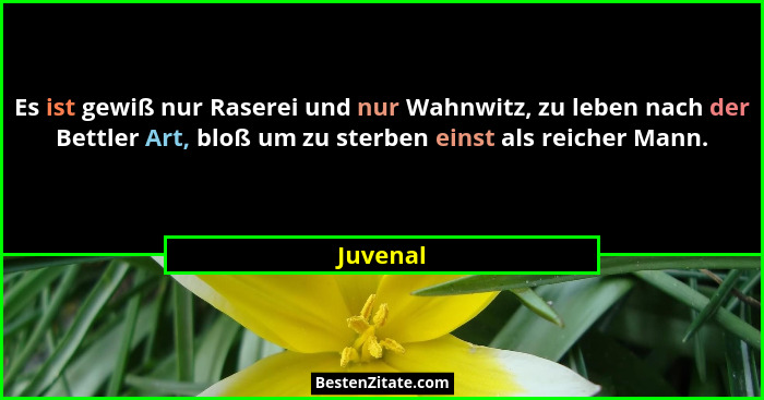 Es ist gewiß nur Raserei und nur Wahnwitz, zu leben nach der Bettler Art, bloß um zu sterben einst als reicher Mann.... - Juvenal