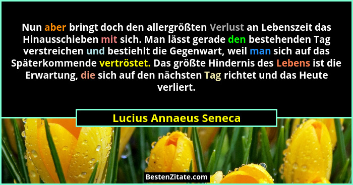 Nun aber bringt doch den allergrößten Verlust an Lebenszeit das Hinausschieben mit sich. Man lässt gerade den bestehenden Tag... - Lucius Annaeus Seneca