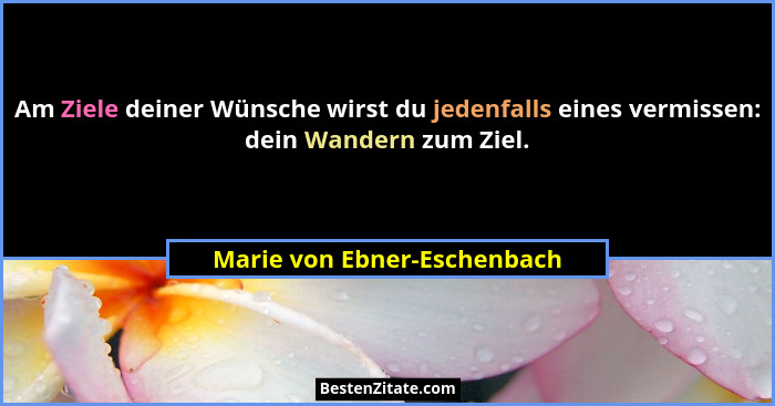 Am Ziele deiner Wünsche wirst du jedenfalls eines vermissen: dein Wandern zum Ziel.... - Marie von Ebner-Eschenbach