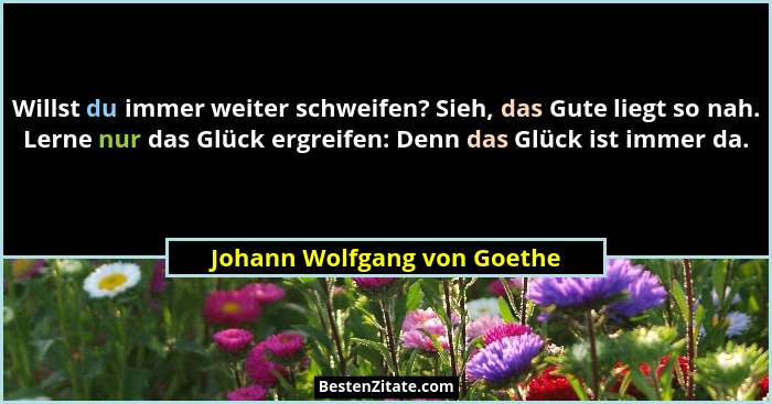 Willst du immer weiter schweifen? Sieh, das Gute liegt so nah. Lerne nur das Glück ergreifen: Denn das Glück ist immer da... - Johann Wolfgang von Goethe