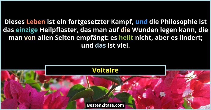 Dieses Leben ist ein fortgesetzter Kampf, und die Philosophie ist das einzige Heilpflaster, das man auf die Wunden legen kann, die man von... - Voltaire