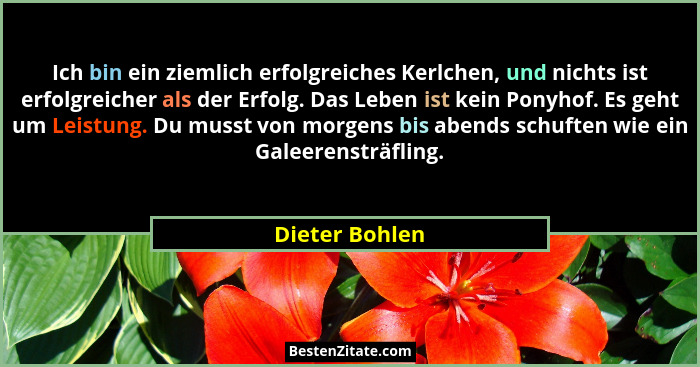 Ich bin ein ziemlich erfolgreiches Kerlchen, und nichts ist erfolgreicher als der Erfolg. Das Leben ist kein Ponyhof. Es geht um Leist... - Dieter Bohlen