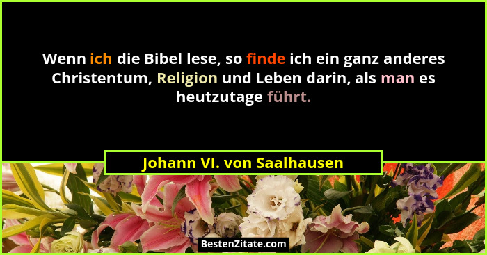 Wenn ich die Bibel lese, so finde ich ein ganz anderes Christentum, Religion und Leben darin, als man es heutzutage führt.... - Johann VI. von Saalhausen