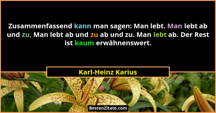 Zusammenfassend kann man sagen: Man lebt. Man lebt ab und zu, Man lebt ab und zu ab und zu. Man lebt ab. Der Rest ist kaum erwähne... - Karl-Heinz Karius